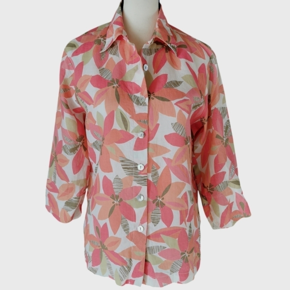 Robert Kitchen 100% Linen Tropical Print 3/4 Sleeve Button Front Blouse - Sz M